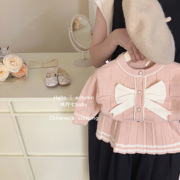 女童毛衣套装秋季2023女宝宝韩版时髦针织，开衫外套短裙两件套