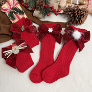 ins西班牙儿童袜子圣诞，蝴蝶结宝宝圣诞袜长筒毛线，袜子新生婴儿袜