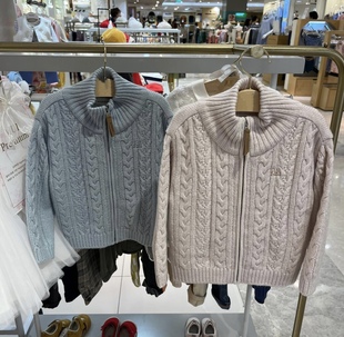 韩国童装 23秋冬男女童洋气麻花立领拉链针织开衫 毛衣外套P8