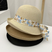 法式草帽女夏季甜美可爱少女碎花蕾丝，绑带圆顶遮阳帽海边沙滩拍照