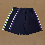 运动短裤两道杠前白后荧光绿紫色双条学生，宽松版藏蓝色五分校服裤