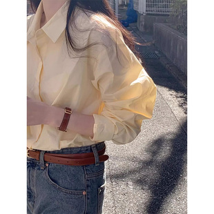 自制日系奶油黄长袖(黄长袖，)衬衫女春宽松小众设计感显白小个子鹅黄色衬衣