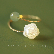 925纯银玫瑰和田玉开口戒指女小众设计时尚个性指环高级ins复古风