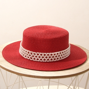 红色珍珠平顶草帽女士夏季宽檐礼帽休闲度假沙滩遮阳逛街防晒帽子