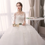 婚纱2024结婚新娘白色蕾丝齐地婚纱时尚圆领显瘦优雅礼服女装