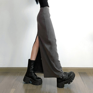 gagaopt2023秋季高级感灰色开叉，半身裙高腰包(高腰包，)臀显瘦西装长裙