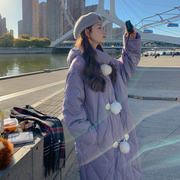 紫色菱格羽绒棉服女中长款冬季韩系小众设计感棉衣棉袄