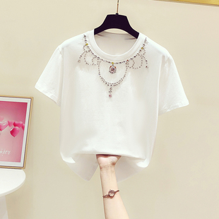2023夏季韩版时尚重工钉珠镶钻设计感圆领短袖T恤女休闲上衣