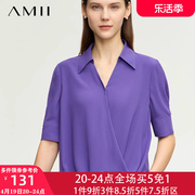 Amii2024雪纺上衣女夏季紫色五分袖法式轻纱小衫高端气质衬衫