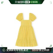 欧洲直邮ganni23女黄色棉质英式刺绣镂空泡泡袖短连衣裙