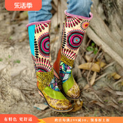 波西米亚民族风女靴春秋款圆头，中跟真皮高筒靴花朵皮靴大码长靴子