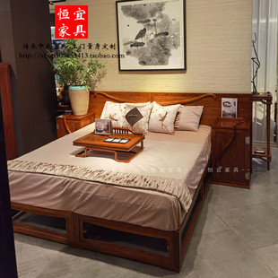 刺猬紫檀京瓷同心双人大床实木家具，新中式花梨木雕花1.8米婚床