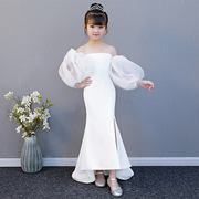 儿童礼服2022白色长款一字肩主持人欧美演出服女童走秀公主裙
