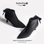 蜘蛛王时装短靴女法式尖头细跟蝴蝶结马丁靴时髦洋气女靴子高跟鞋