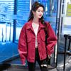 欧货酒红色牛仔外套，女2023春秋韩版时尚，洋气宽松短款夹克上衣