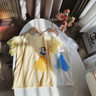 女童夏季网纱泡泡袖公主t恤2024女宝宝洋气百搭卡通短袖上衣