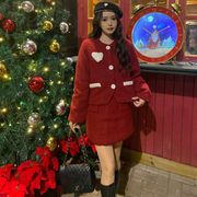 圣诞女装红色小香风套装秋冬过年高级感爱心羊羔毛外套裙子两件套