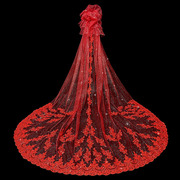 新娘结婚主婚纱头纱中式婚礼红色蕾丝长款拖尾头纱蓬蓬造型复古纱