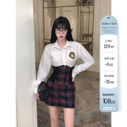芭比姨白色衬衫女短款春装学院，风设计感拼接牛仔衬衣百搭辣妹上衣