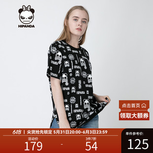 Hipanda你好熊猫设计潮牌女款休闲宽松骷髅满印圆领上衣短袖T恤