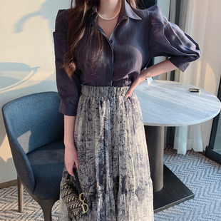 韩国chic复古气质翻领纯色长袖，衬衫+高腰，花色印花设计长款半身裙