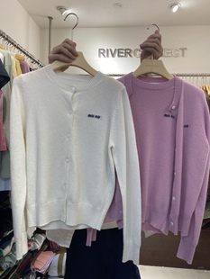 rivercollect24早春羊毛短袖毛衣，長袖針織開衫字母，刺繡外套2件套