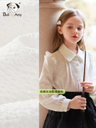 女童白色纯棉衬衫2023秋季儿童灯笼袖上衣大童学院风正肩衬衣