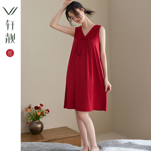 轩靓新中式睡裙女士夏季莫代尔背心红色睡衣冰丝凉感家居服连衣裙