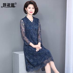 妈妈装蕾丝裙子洋气春装新款中老年女宽松高端结婚礼服中袖连衣裙