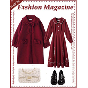红色圣诞毛呢中长款外套，女冬季2023设计感法式甜美收腰连衣裙