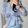 韩国ins秋季甜美气质交叉v领系带收腰双层荷叶，边喇叭袖防晒衬衫女