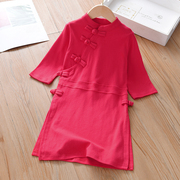 女童汉服中国风2022春夏男童，古装中袖唐装，红色秋款旗袍连衣裙