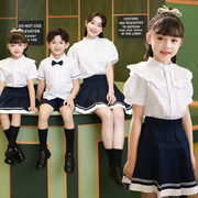 英伦学院风白色衬衫短袖，两件套班服小学生夏男童(夏男童)女童套装表演服