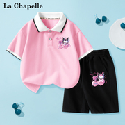 拉夏贝尔女童t恤短袖套装，2024儿童polo衫，夏季女大童洋气短裤