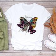 蝴蝶印花夏季上衣花朵圆领女短袖时尚学生薄款青年外穿打底衫T恤