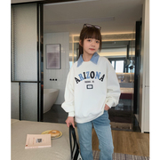 女大童韩版假两件字母卫衣，2024春装青少年牛仔，翻领拼接潮上衣