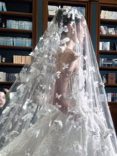 新娘白色立体蝴蝶头纱主婚纱超仙长款珍珠单层拖地鱼尾婚纱头纱