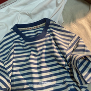 海军蓝条纹老式短袖t恤中式复古国潮80年怀旧男女文字港风海魂衫