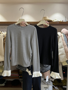 韩国东大门2023年冬季韩版纯棉，长袖拼接设计感假两件t桖上衣