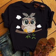 cute owl T-shirt夏季猫头鹰卡通莫代尔白色上衣短装休闲半袖T恤