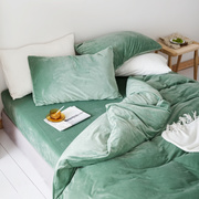 日式天鹅绒四件套秋冬保暖纯色珊瑚绒被套法兰绒，床单床笠床上用品