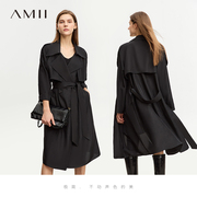 Amii极简真丝风衣女2024冬宽松大衣法式复古双排扣配腰带外套