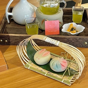手工竹编甜品提篮茶室商用竹篮，收纳甜点盘，中式餐厅下午茶点盘