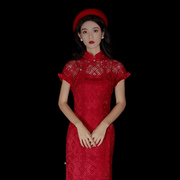 槿爷2022年春夏中国风复古蕾丝改良式旗袍红色婚礼礼服敬酒服