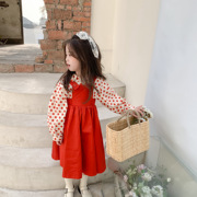 童装春季女童红色波点衬衫，女宝宝大裙摆公主背带裙连衣裙套装