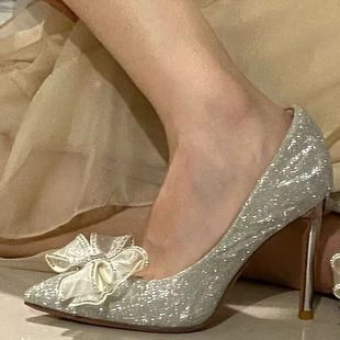 法式水晶银色蝴蝶结高跟鞋女浅口尖头细跟单鞋，亮片婚纱婚鞋新娘鞋