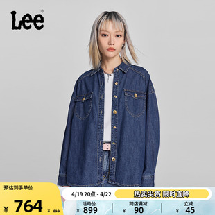 Lee商场同款24春夏舒适版3D金色纽扣中深蓝色女长袖牛仔衬衫