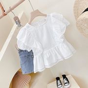 女童白色衬衫泡泡袖衬衣，夏季薄款儿童短袖，t恤中大童娃娃衫上衣潮