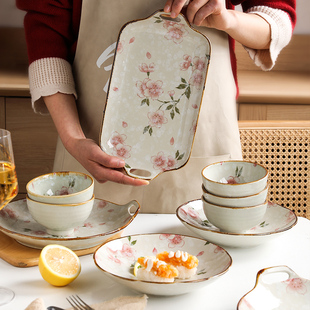 舍里日式樱花陶瓷餐具，碗盘碟子家用创意饭碗，菜盘子单个双耳鱼盘
