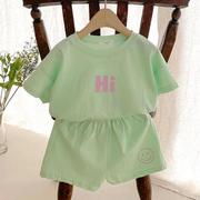 女宝夏季套装婴幼儿童装糖果色韩版棉休闲字母笑脸T恤短裤两件套